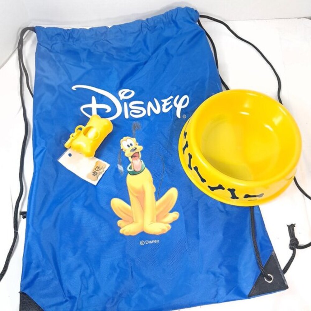 Pluto dog welcome kit drawstring bag yellow‎ food water bowl gold tag poop bag